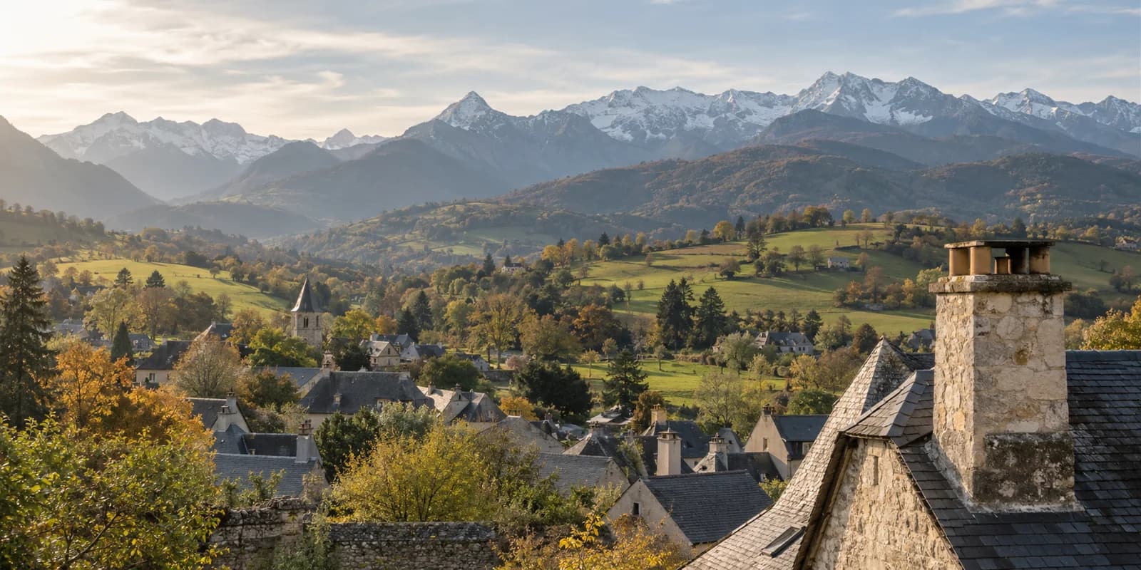 Paysage d’illustration inspiré de la Bigorre : toits d’ardoise, cheminées et reliefs pyrénéens.